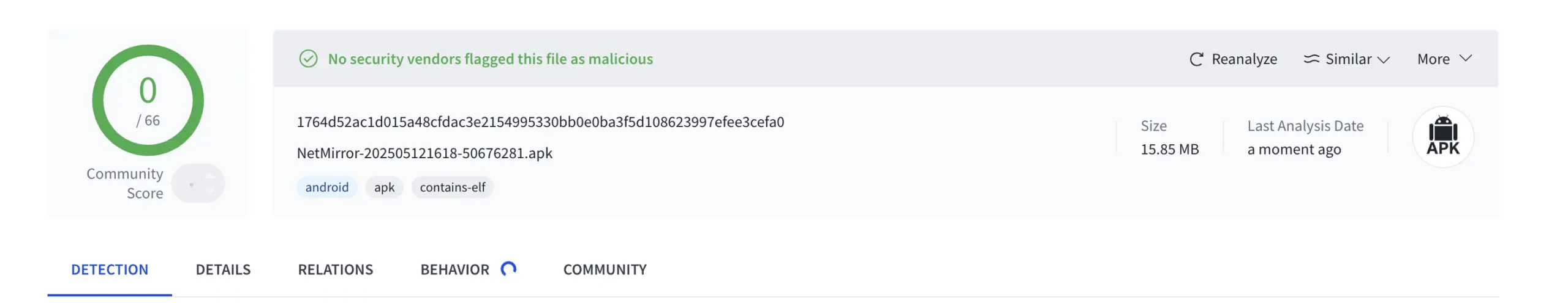 NetMirror VirusTotal Scan Result